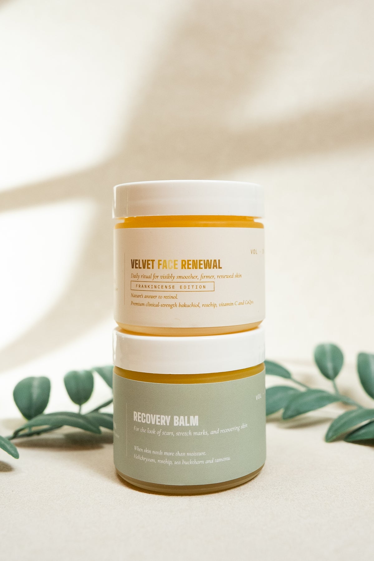 Velvet Face Renewal jar stacked on Recovery Balm, the Premium Pair