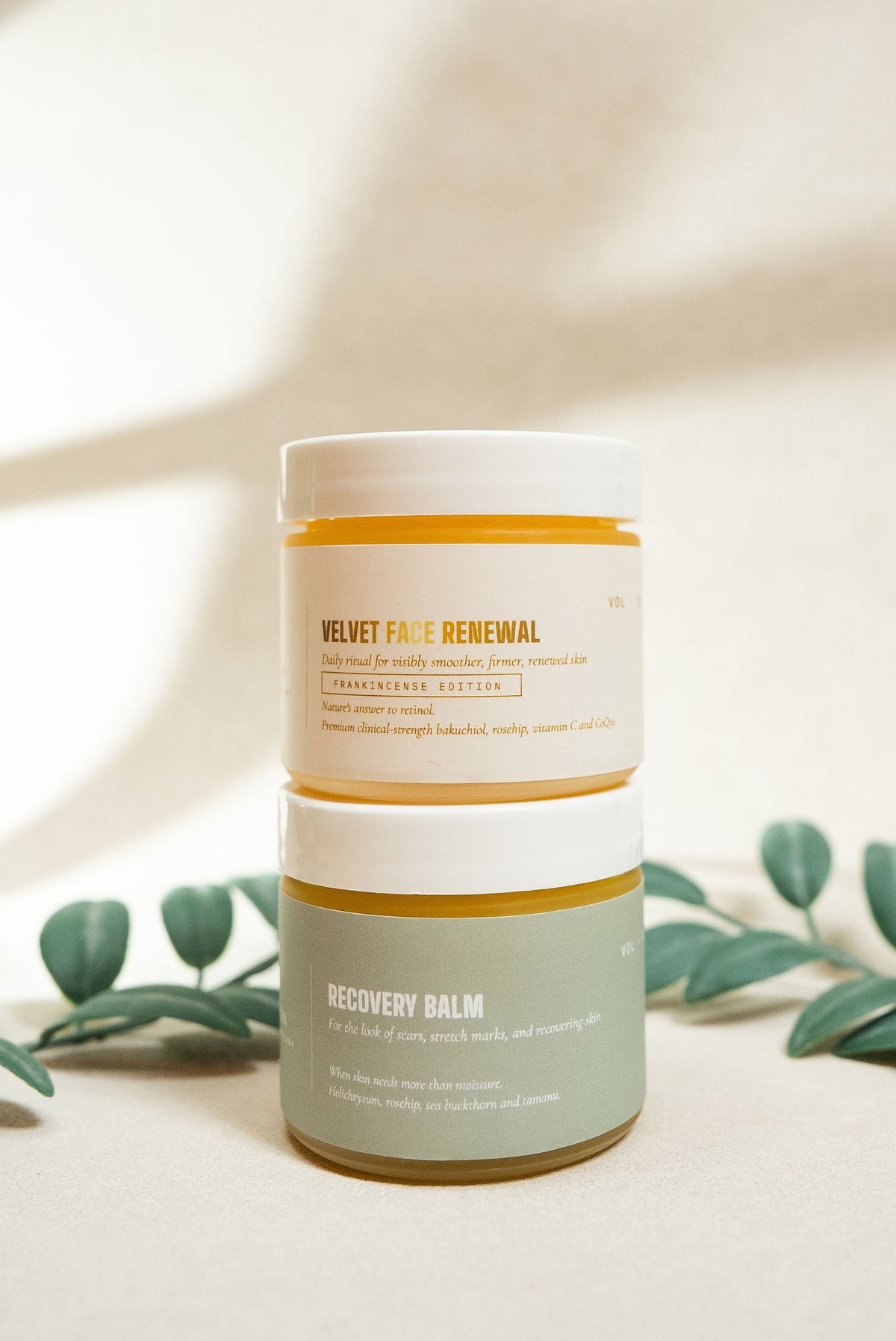 Velvet Face Renewal jar stacked on Recovery Balm, the Premium Pair