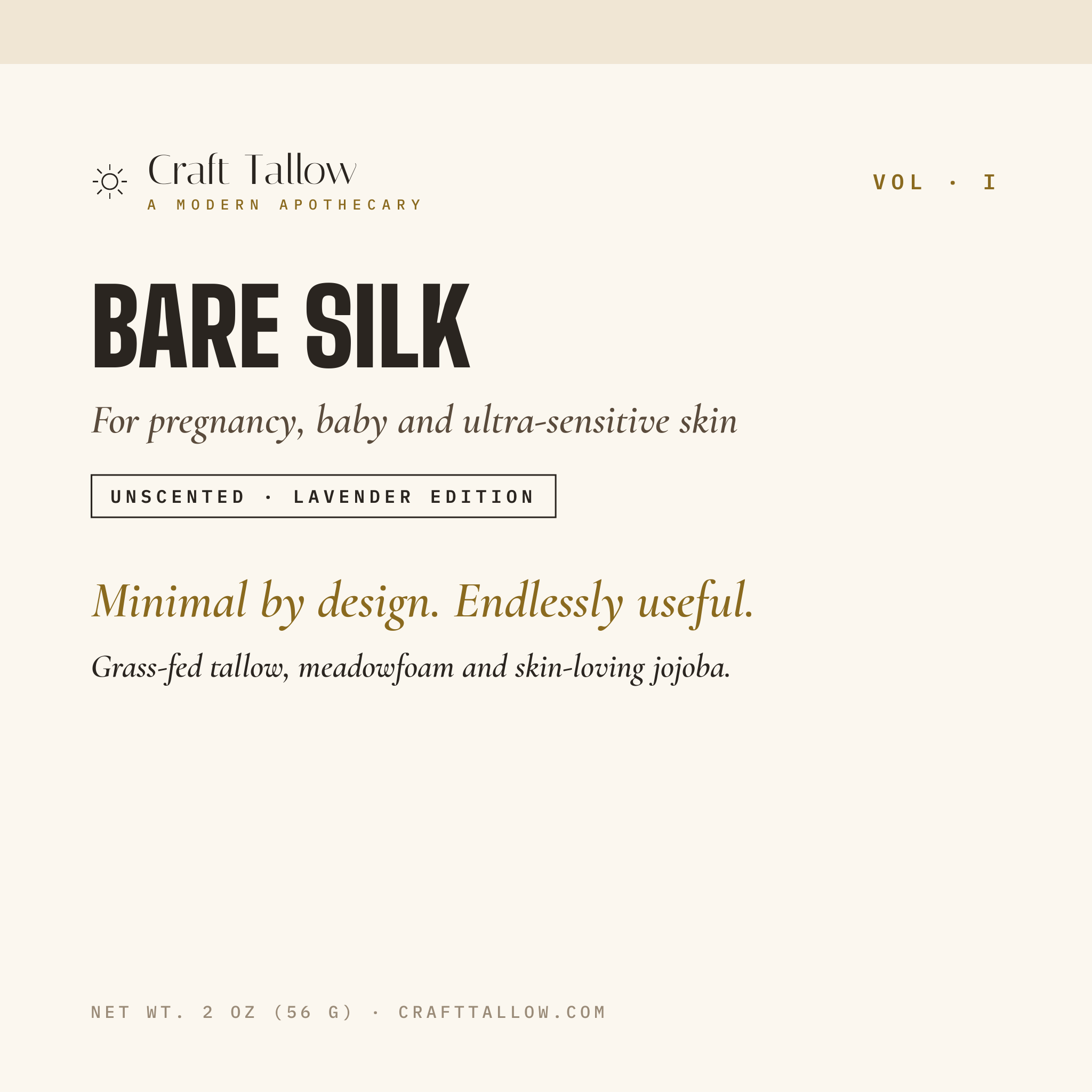 Bare Silk tallow balm label card — For pregnancy, baby and ultra-sensitive skin, Unscented and Lavender Edition, 2 oz, Craft Tallow