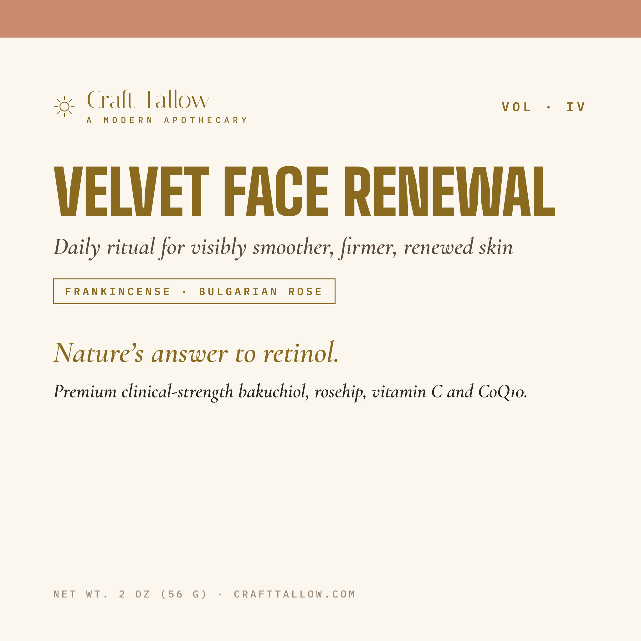 Velvet Face Renewal tallow balm title card with name, subtitle, hook and tease