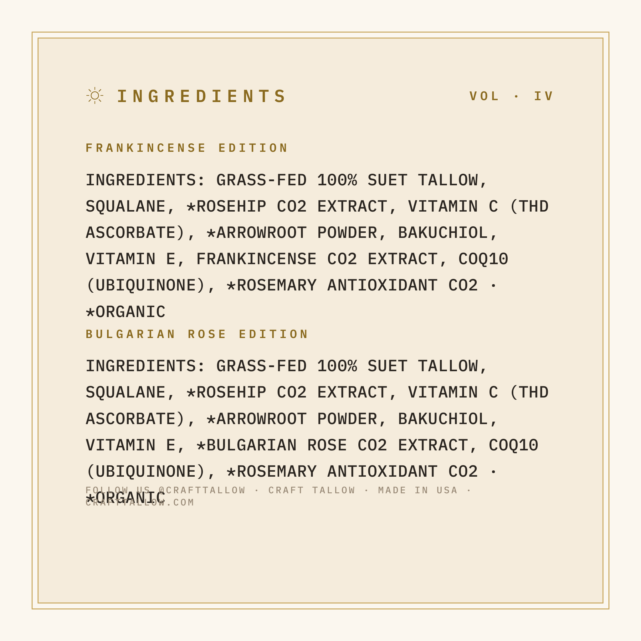 Velvet Face Renewal full ingredient list with organic markings, Craft Tallow