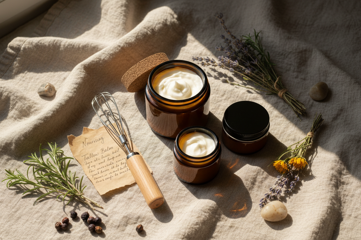 The Zero-Mess Apothecary Kit — amber glass jars, whisk wand, and recipe card on linen