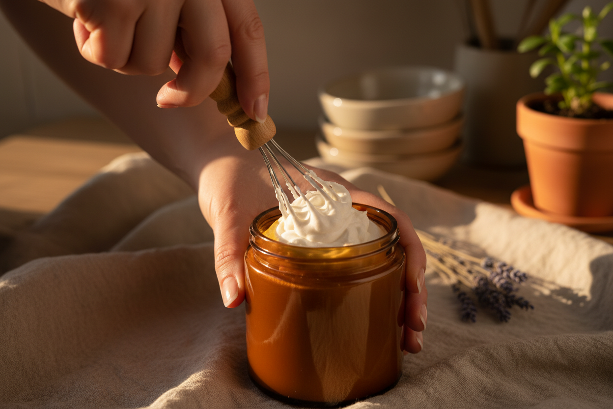Hands whipping tallow in amber jar with warm kitchen lighting