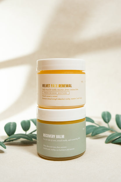 Velvet Face Renewal jar stacked on Recovery Balm, the Premium Pair