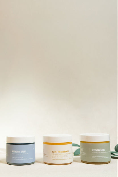 The five Craft Tallow balms in a row on cream, wide