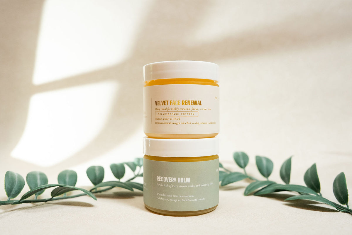 Velvet Face Renewal jar stacked on Recovery Balm, the Premium Pair