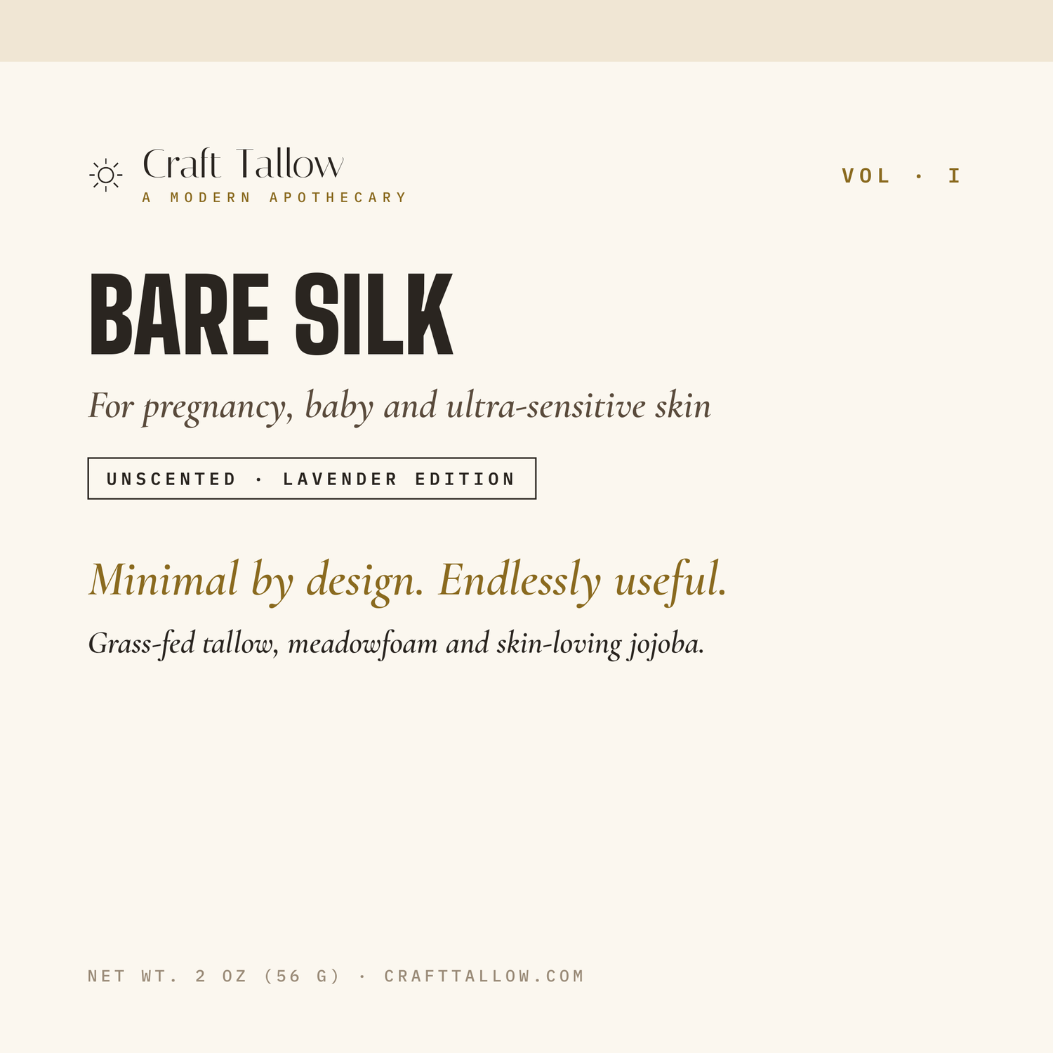 Bare Silk tallow balm label card — For pregnancy, baby and ultra-sensitive skin, Unscented and Lavender Edition, 2 oz, Craft Tallow