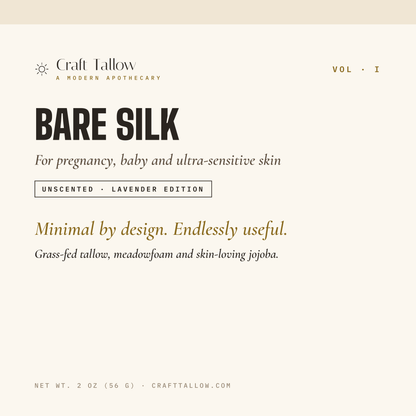 Bare Silk tallow balm label card — For pregnancy, baby and ultra-sensitive skin, Unscented and Lavender Edition, 2 oz, Craft Tallow
