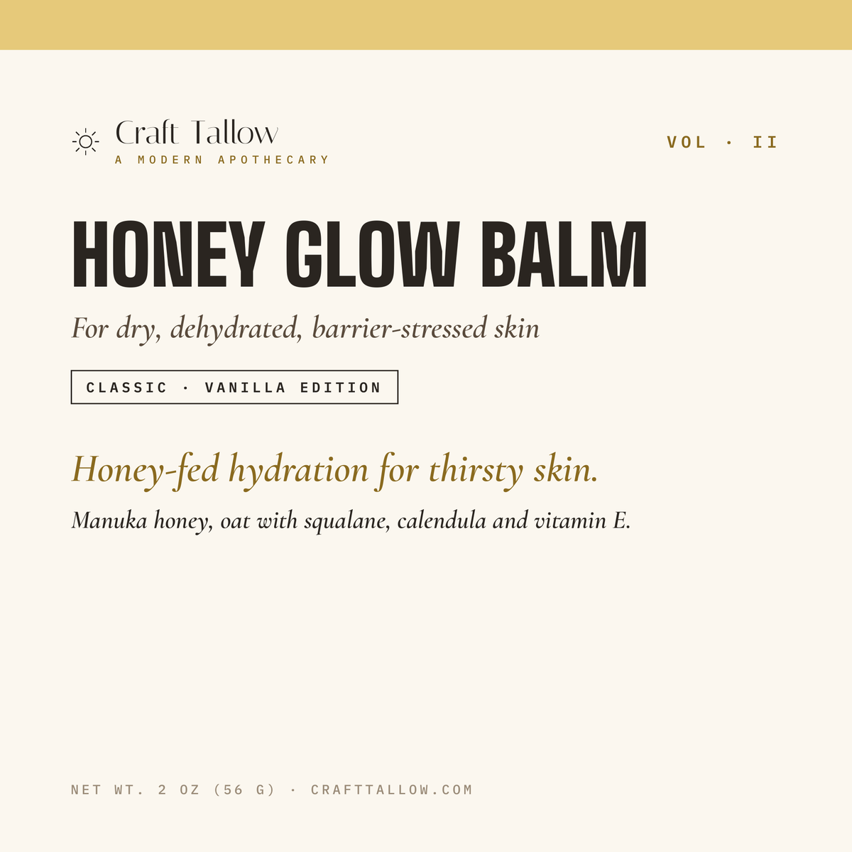 Honey Glow tallow balm title card with name, subtitle, hook and tease