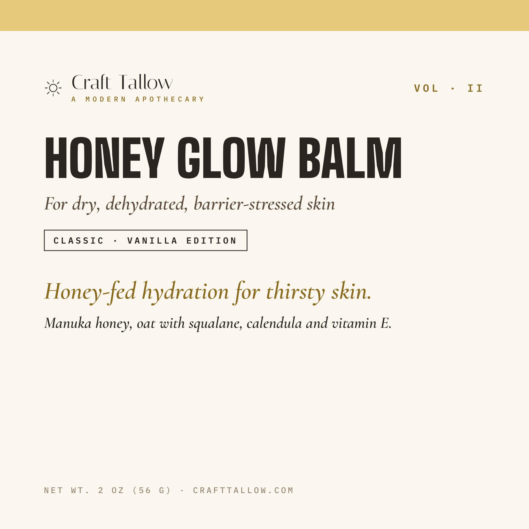 Honey Glow tallow balm title card with name, subtitle, hook and tease