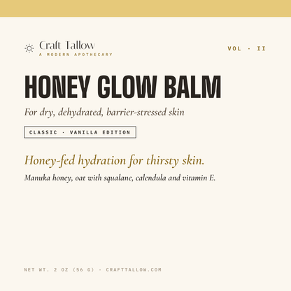Honey Glow tallow balm title card with name, subtitle, hook and tease