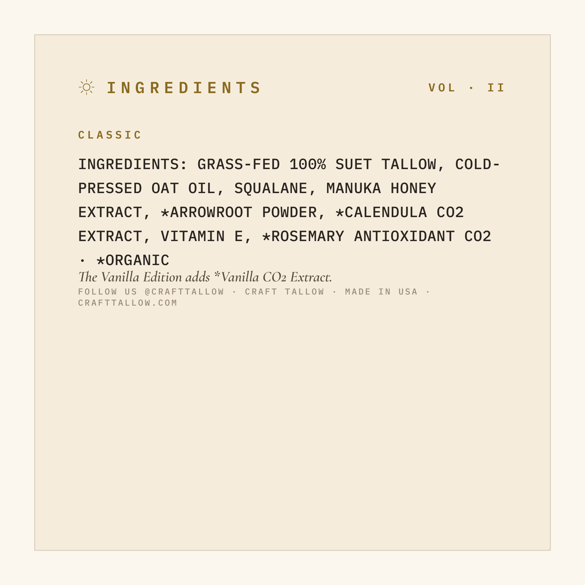 Honey Glow full ingredient list with organic markings, Craft Tallow