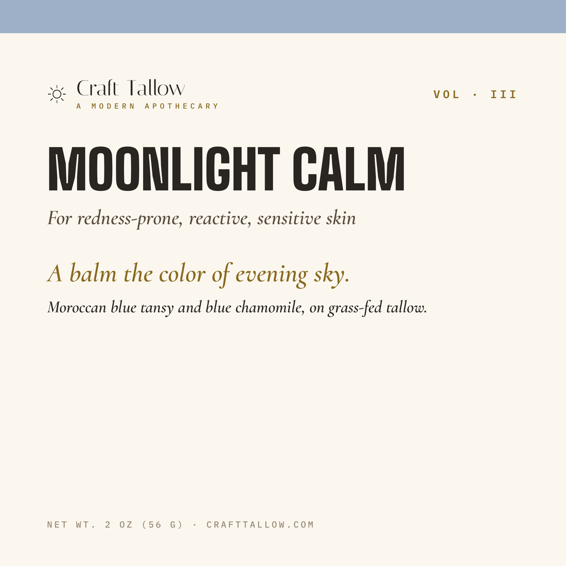 Moonlight Calm tallow balm title card with name, subtitle, hook and tease
