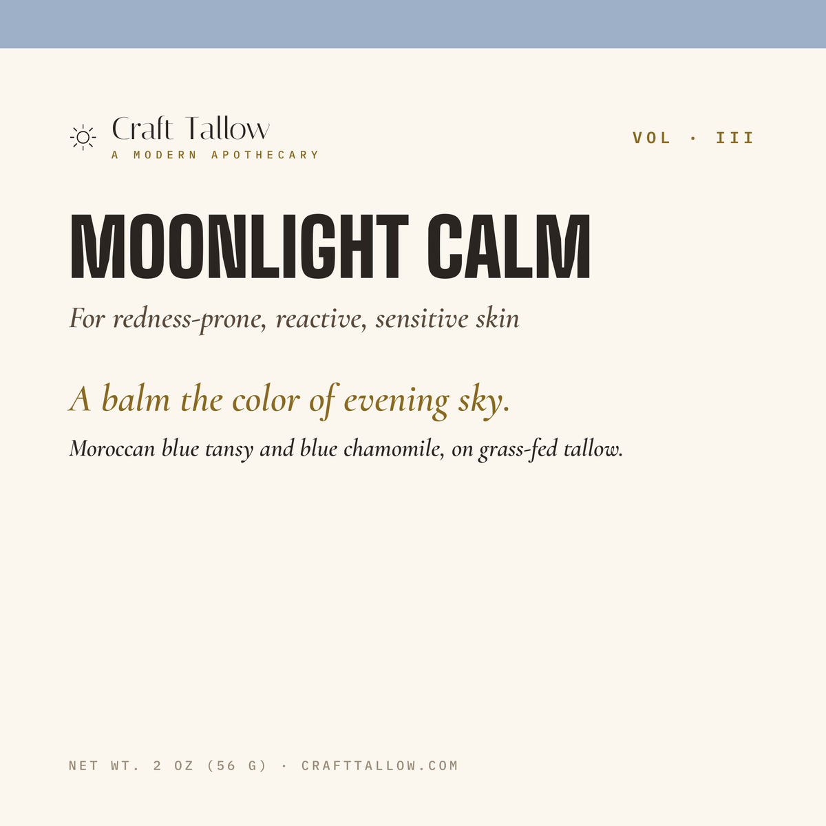 Moonlight Calm tallow balm title card with name, subtitle, hook and tease
