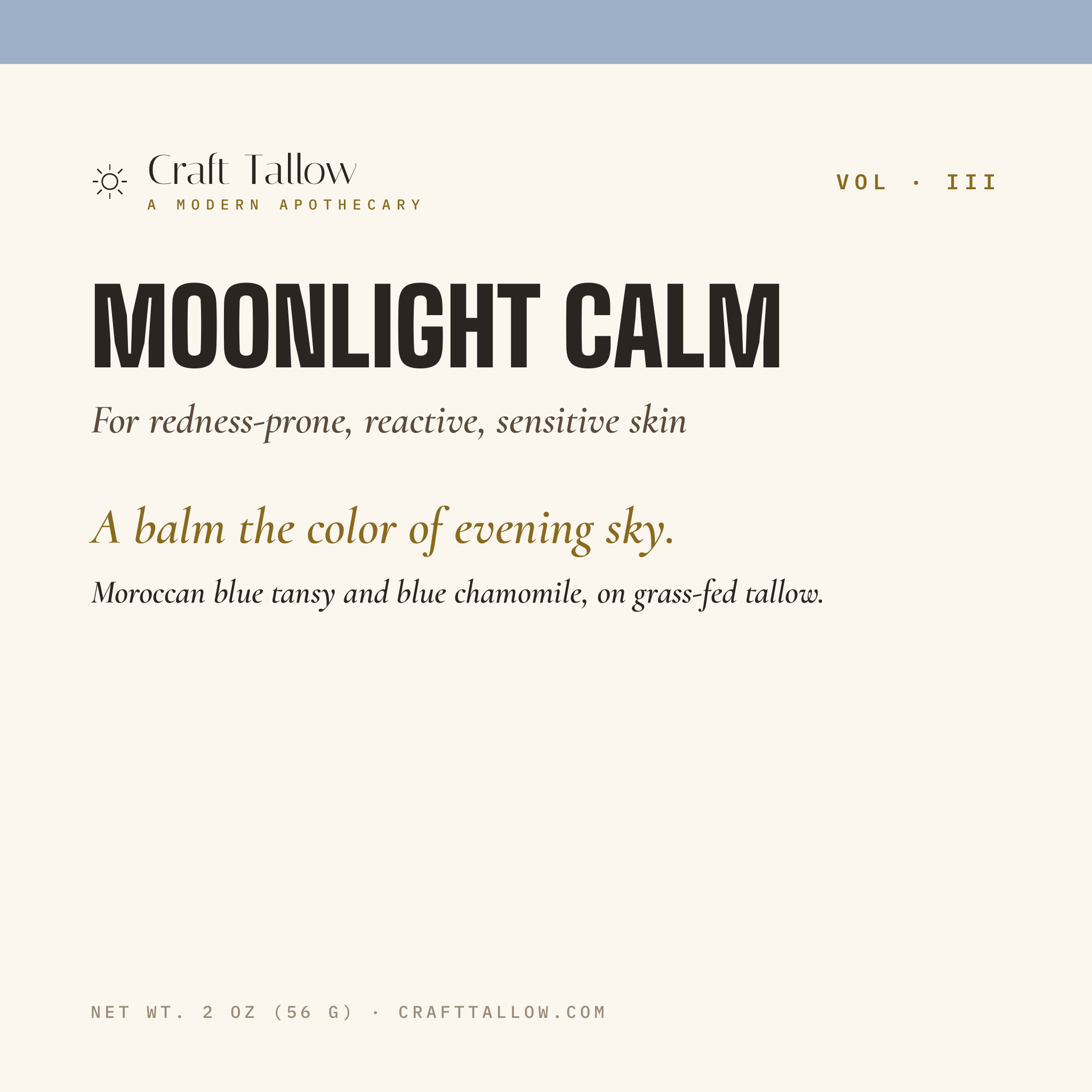 Moonlight Calm tallow balm title card with name, subtitle, hook and tease