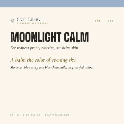 Moonlight Calm tallow balm title card with name, subtitle, hook and tease