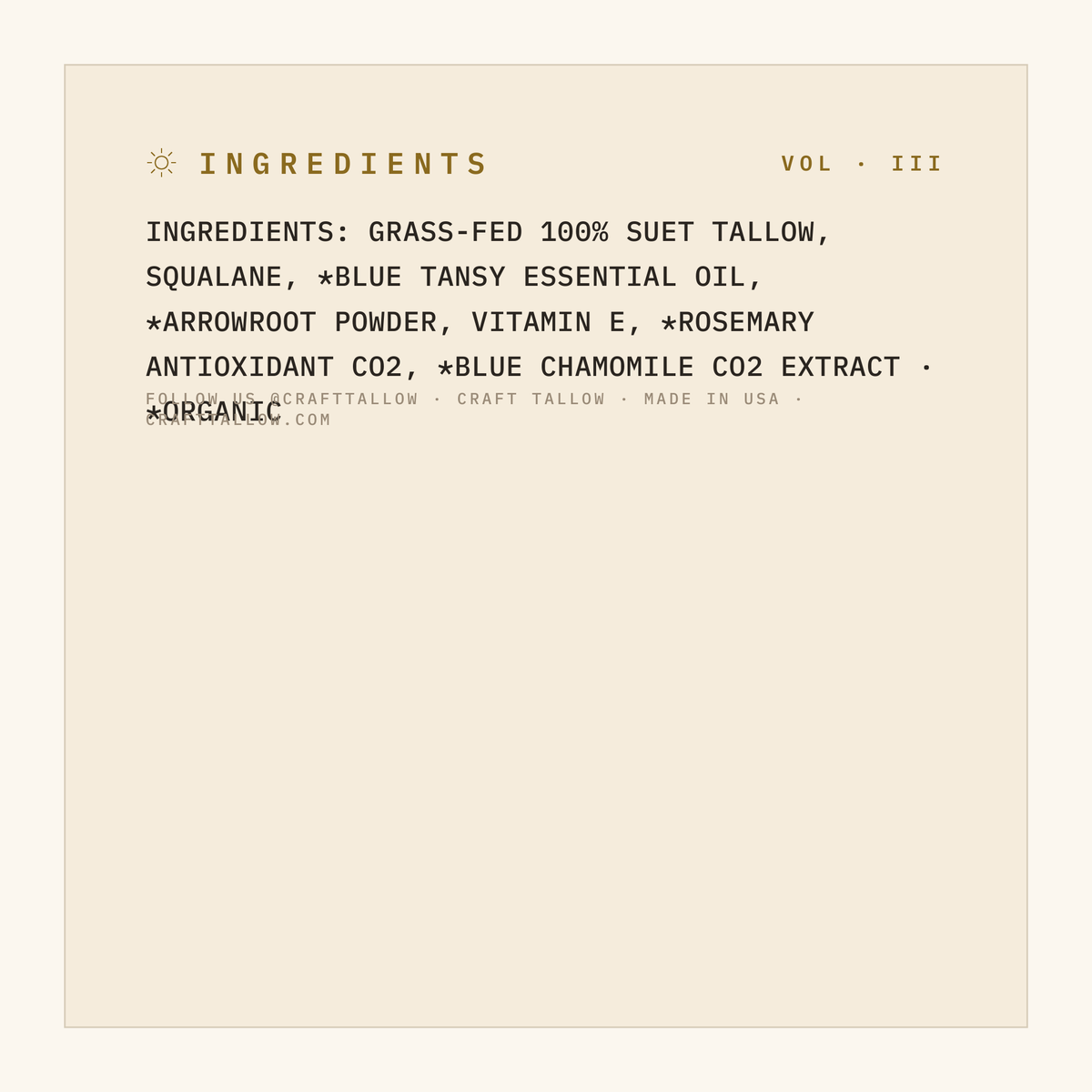 Moonlight Calm full ingredient list with organic markings, Craft Tallow
