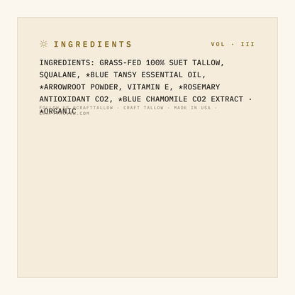 Moonlight Calm full ingredient list with organic markings, Craft Tallow