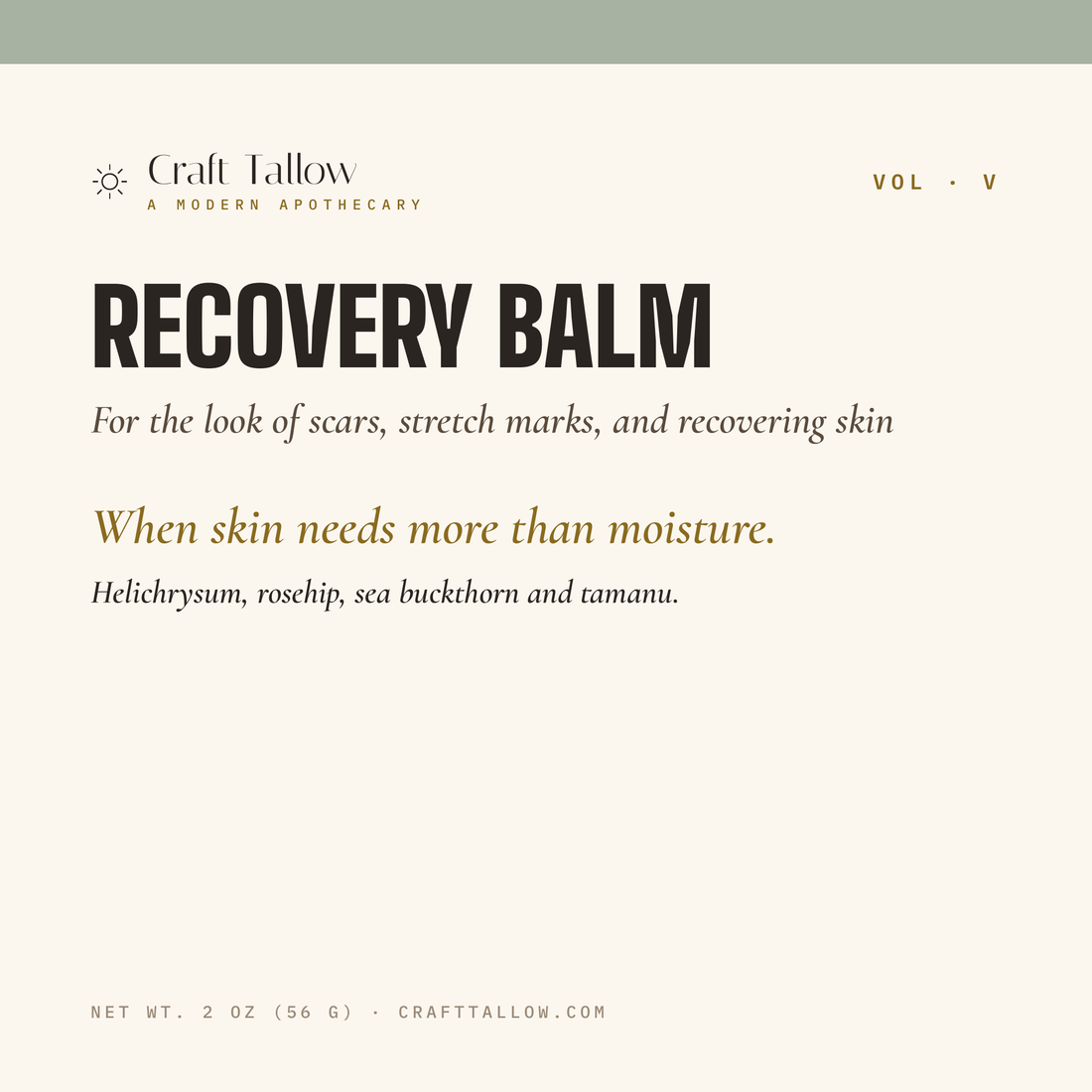 Recovery Balm tallow balm title card with name, subtitle, hook and tease