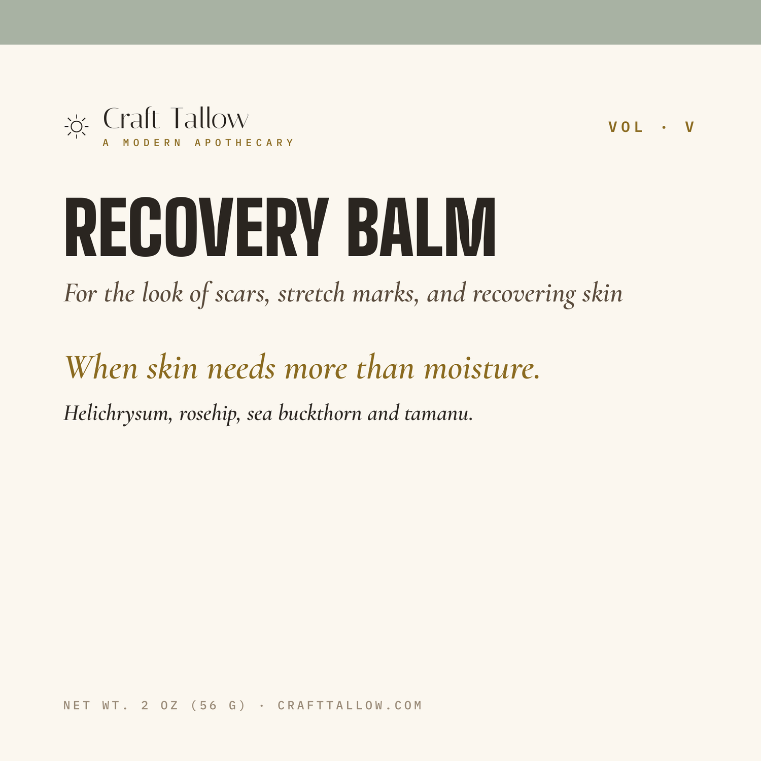 Recovery Balm tallow balm title card with name, subtitle, hook and tease