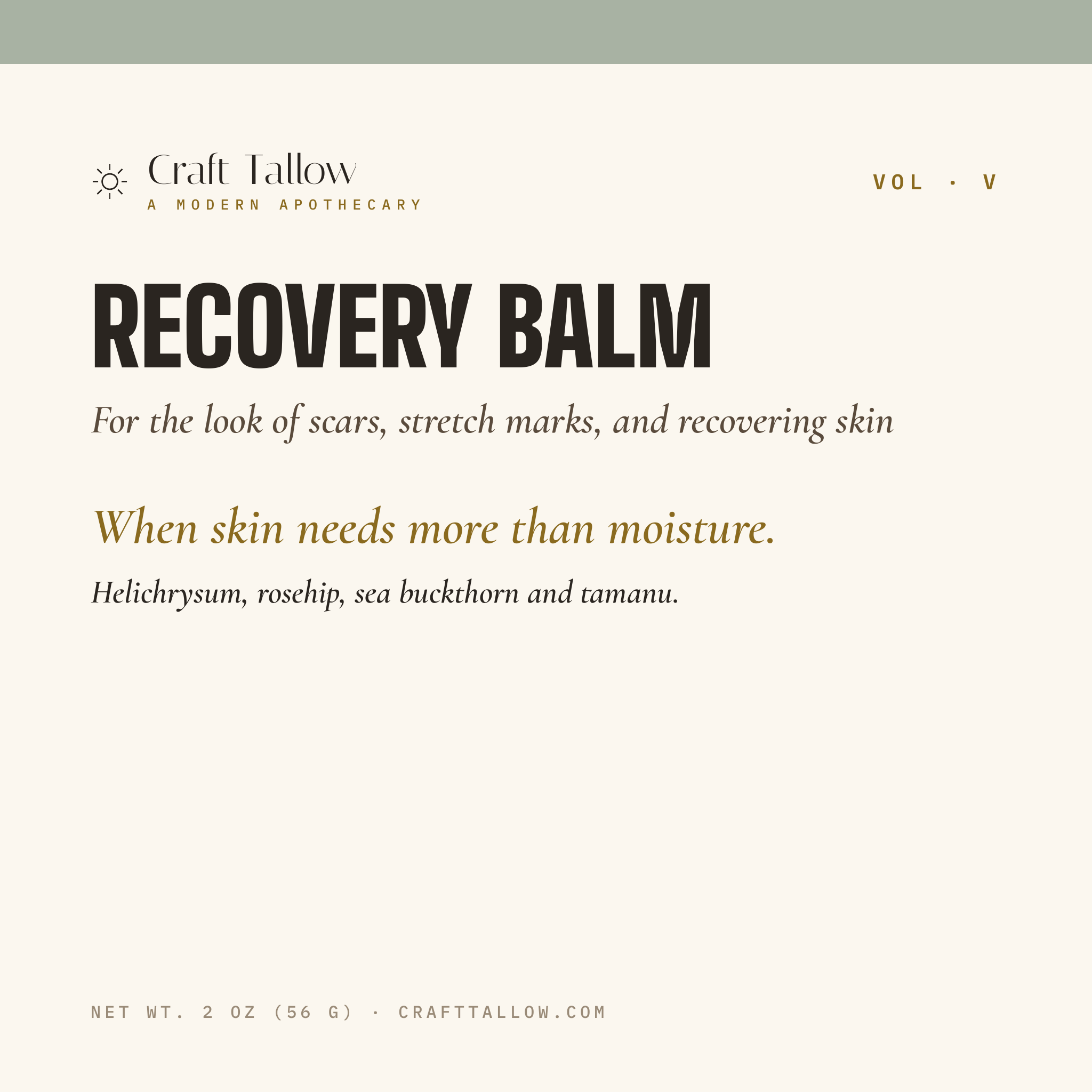 Recovery Balm tallow balm title card with name, subtitle, hook and tease