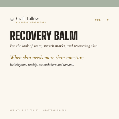 Recovery Balm tallow balm title card with name, subtitle, hook and tease