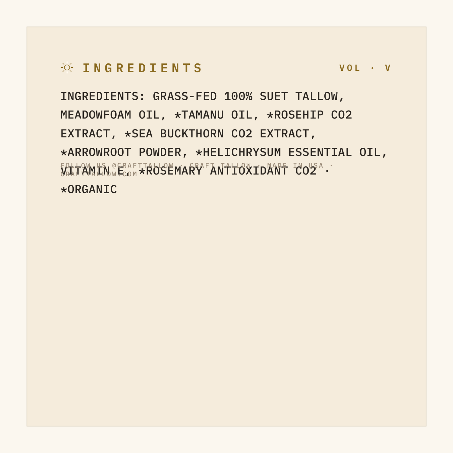 Recovery Balm full ingredient list with organic markings, Craft Tallow