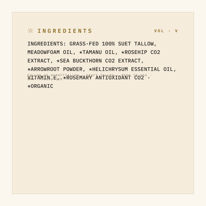 Recovery Balm full ingredient list with organic markings, Craft Tallow