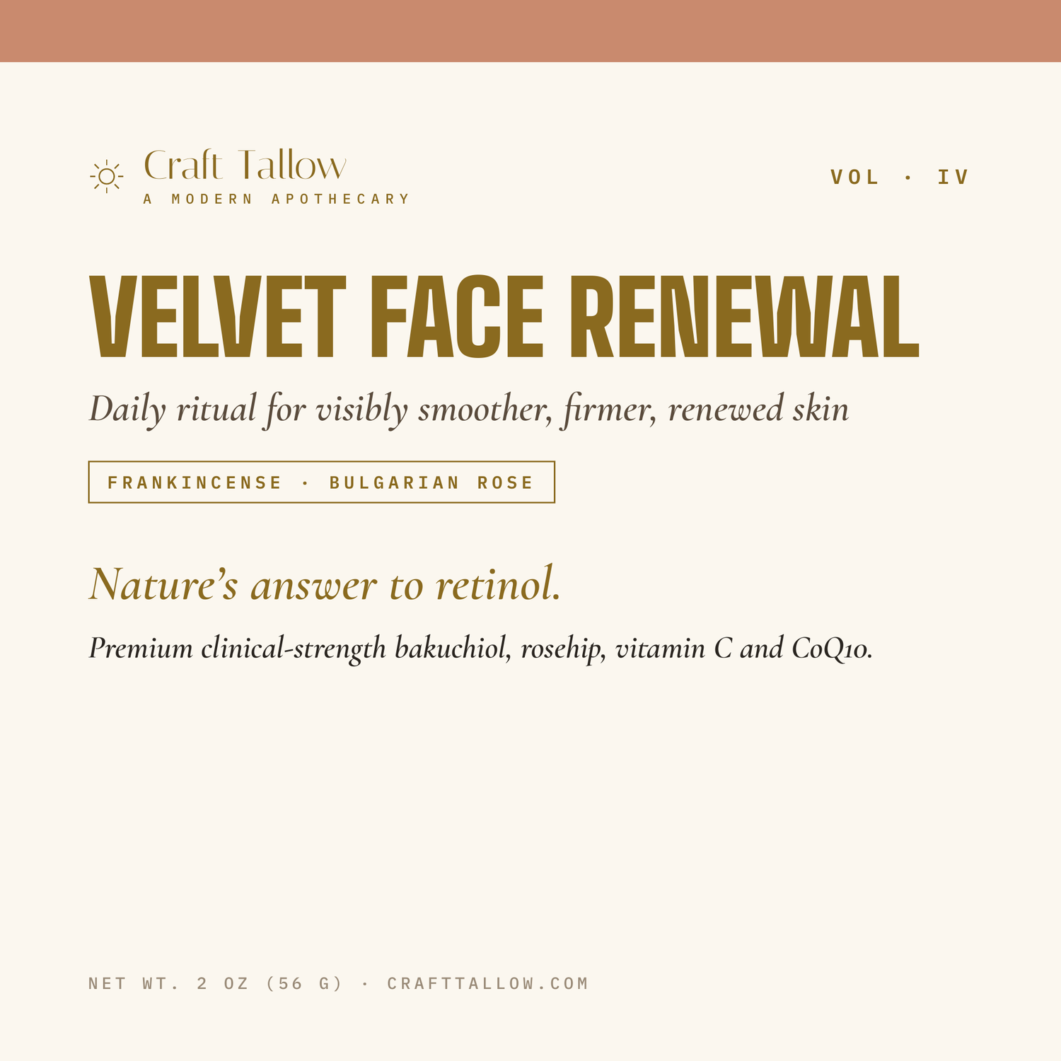 Velvet Face Renewal tallow balm title card with name, subtitle, hook and tease