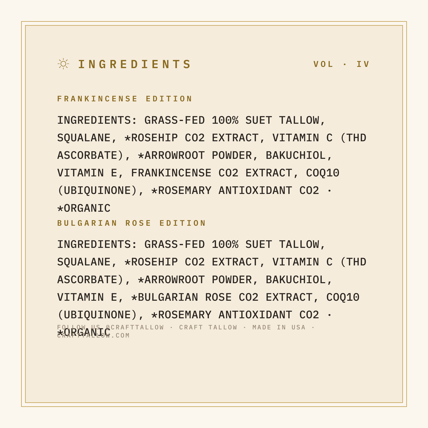 Velvet Face Renewal full ingredient list with organic markings, Craft Tallow