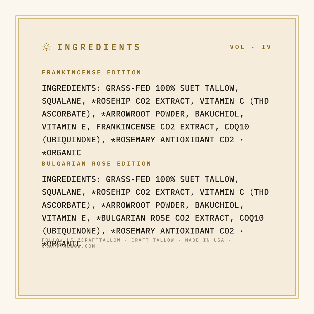 Velvet Face Renewal full ingredient list with organic markings, Craft Tallow