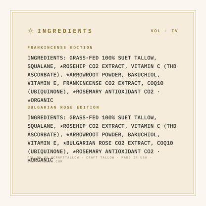 Velvet Face Renewal full ingredient list with organic markings, Craft Tallow