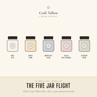 The Five Jar Flight: all five Craft Tallow balms in finished 2 oz jars, Bare Silk, Honey Glow, Moonlight Calm, Velvet Face Renewal, and Recovery Balm.