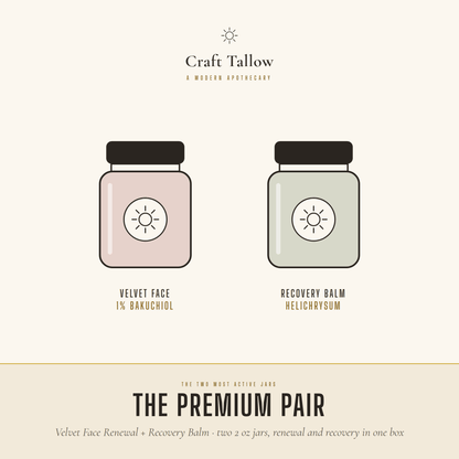 The Premium Pair: Velvet Face Renewal 1% bakuchiol and Recovery Balm helichrysum, two 2 oz jars