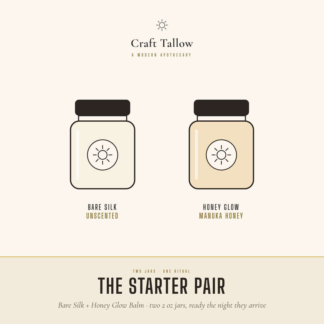 The Starter Pair: Bare Silk Unscented and Honey Glow manuka honey tallow balm, two 2 oz jars ready the night they arrive.