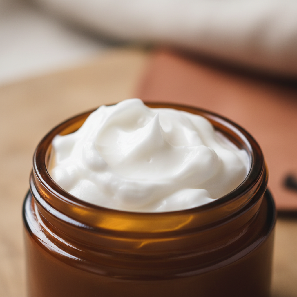Close-up of whipped tallow in amber glass jar showing fluffy texture