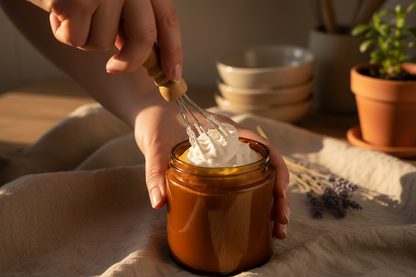 Hands whipping tallow in amber jar with warm kitchen lighting