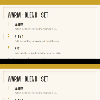 The method: warm, blend, set. About five minutes a jar, no experience needed.
